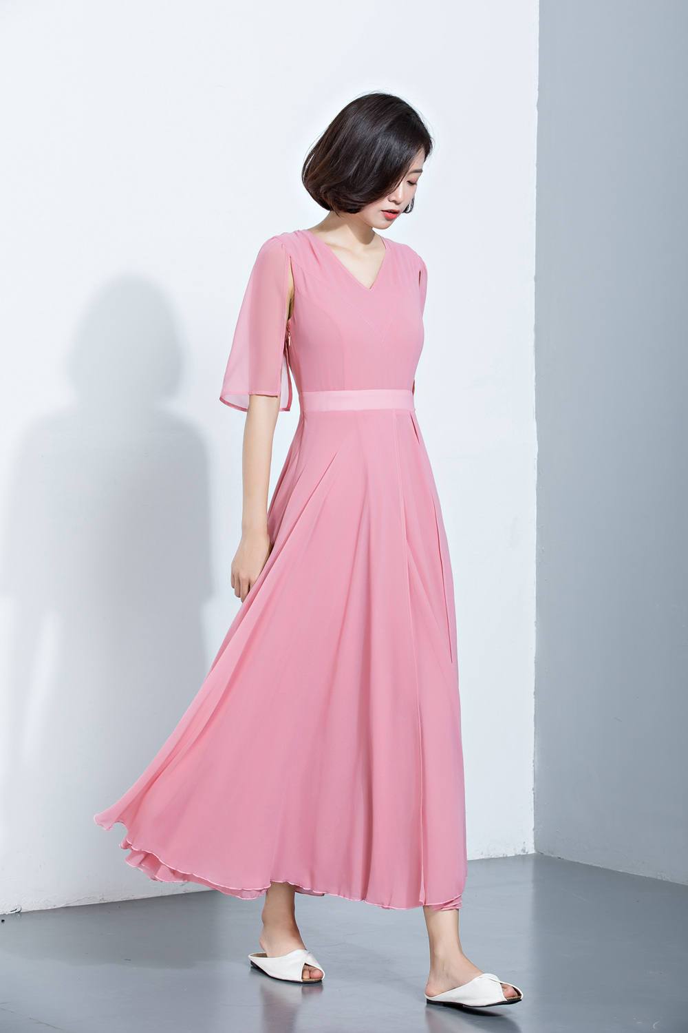 blush chiffon maxi dress Watercolor Blush Bouquet Tie-Waist Chiffon Maxi Dress for Manor Picnic & Floral Exhibition pink S-M