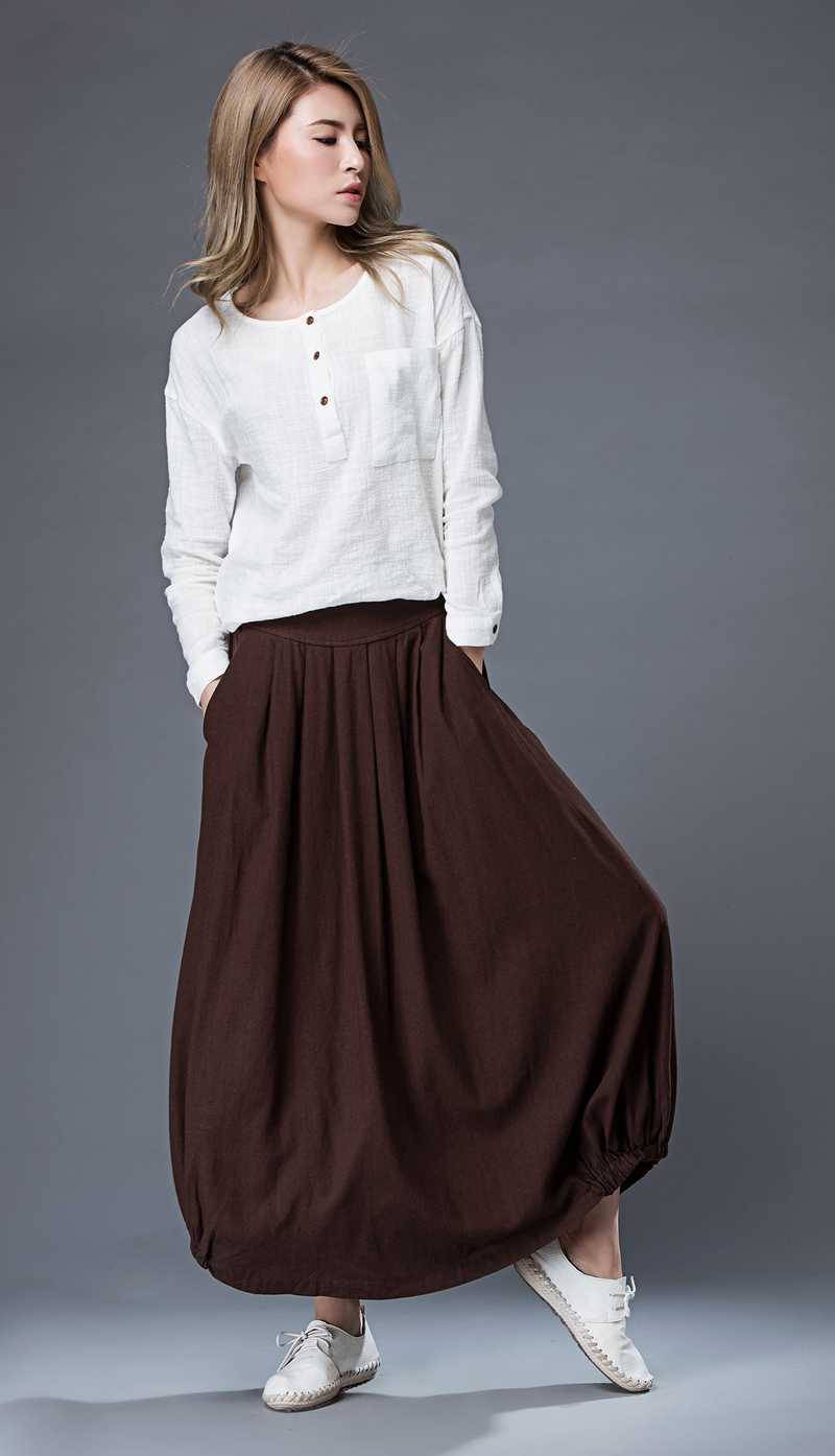 Brown Casual Skirt - Linen Everyday Modern Comfortable Long Maxi Skirt with Two Pockets C865