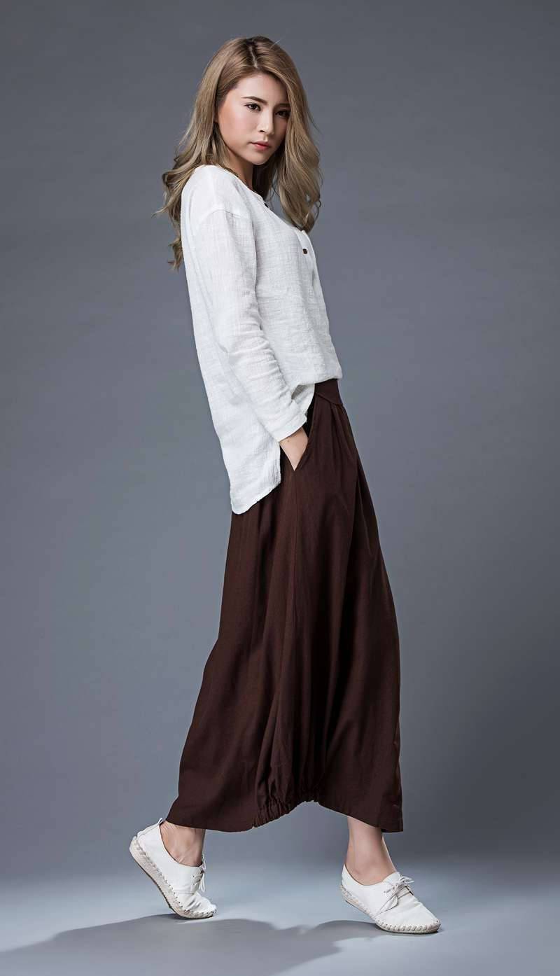 Brown Casual Skirt - Linen Everyday Modern Comfortable Long Maxi Skirt with Two Pockets C865