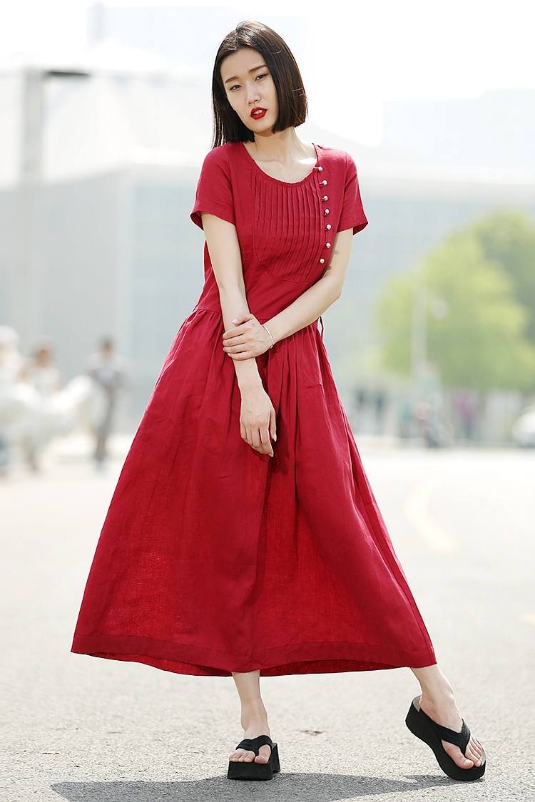 Dress, red dress, linen dress, casual dress, summer dress, maxi dress, long dress, womens dresses, pleated dress, dress pockets C345