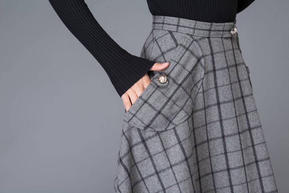 plaid skirt, Gray Skirts, wool skirt, midi skirt, womens skirts, skirt with pockets, winter skirt, plaid wool skirt, wool plaid skirt C1005