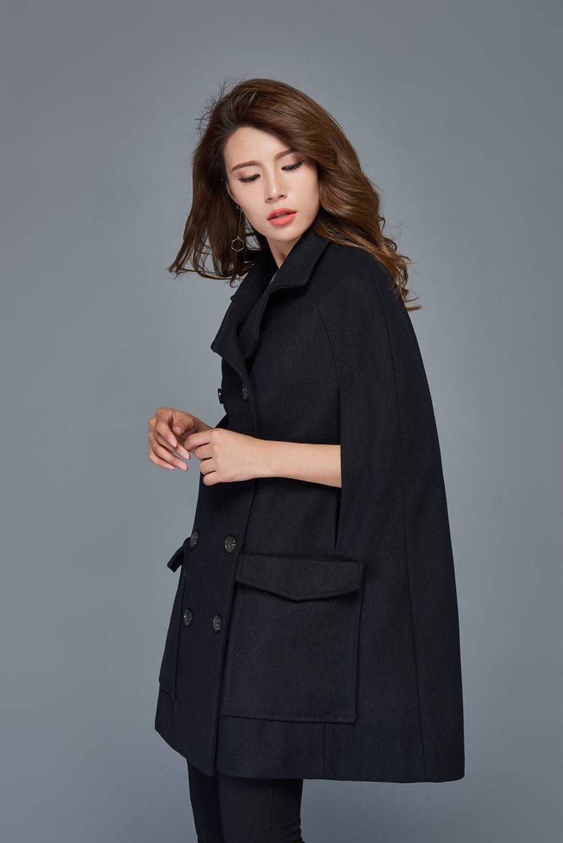 Womens black wool cape coat C975