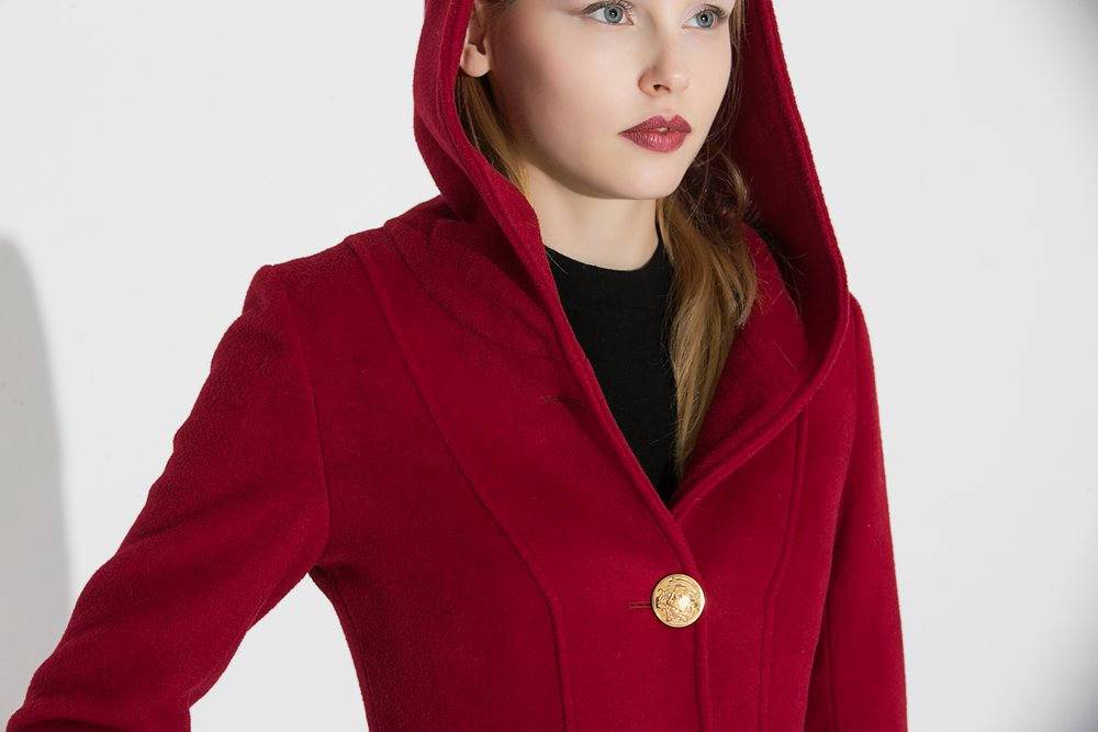 Red Wool Coat , Hooded wool Coat, wool coat, womens coats, Asymmetrical Hem Coat, red hooded coat, long red coat, Military Coat C680