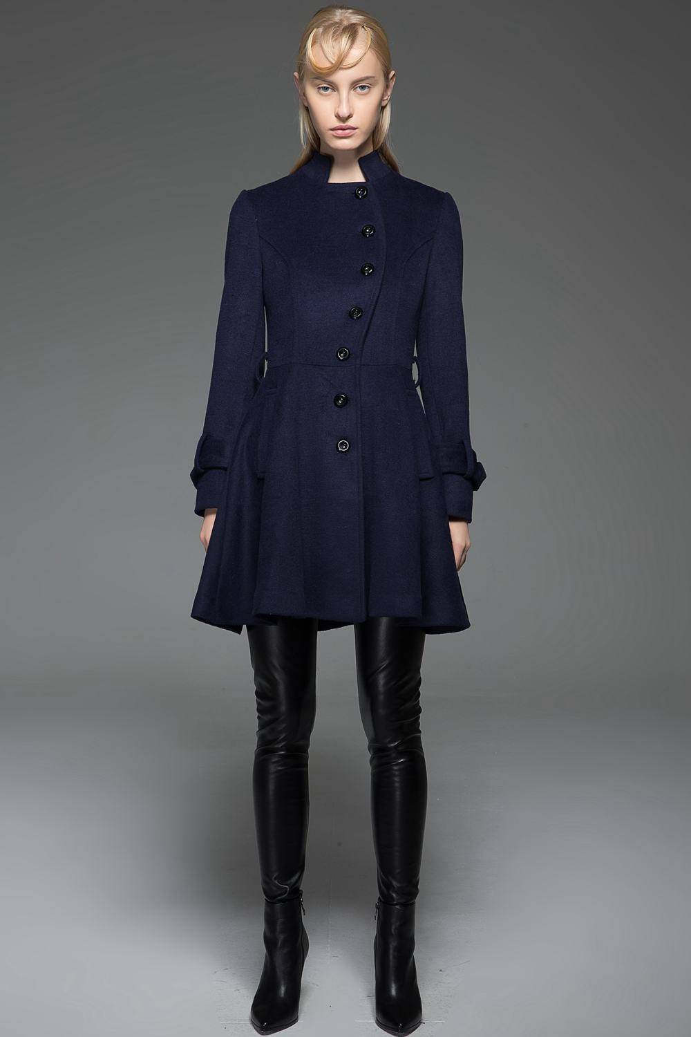 Women's Car Coat - Navy Blue Short Winter Jacket Fit & Flare Swing Coat with Self-Tie Belt and Asymmetric Button Closure C750