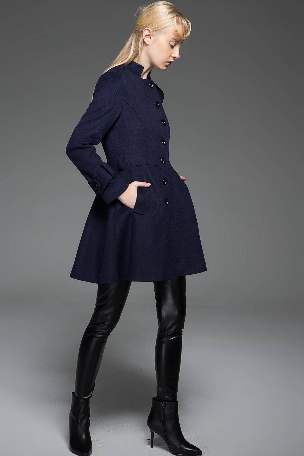 Women's Car Coat - Navy Blue Short Winter Jacket Fit & Flare Swing Coat with Self-Tie Belt and Asymmetric Button Closure C750