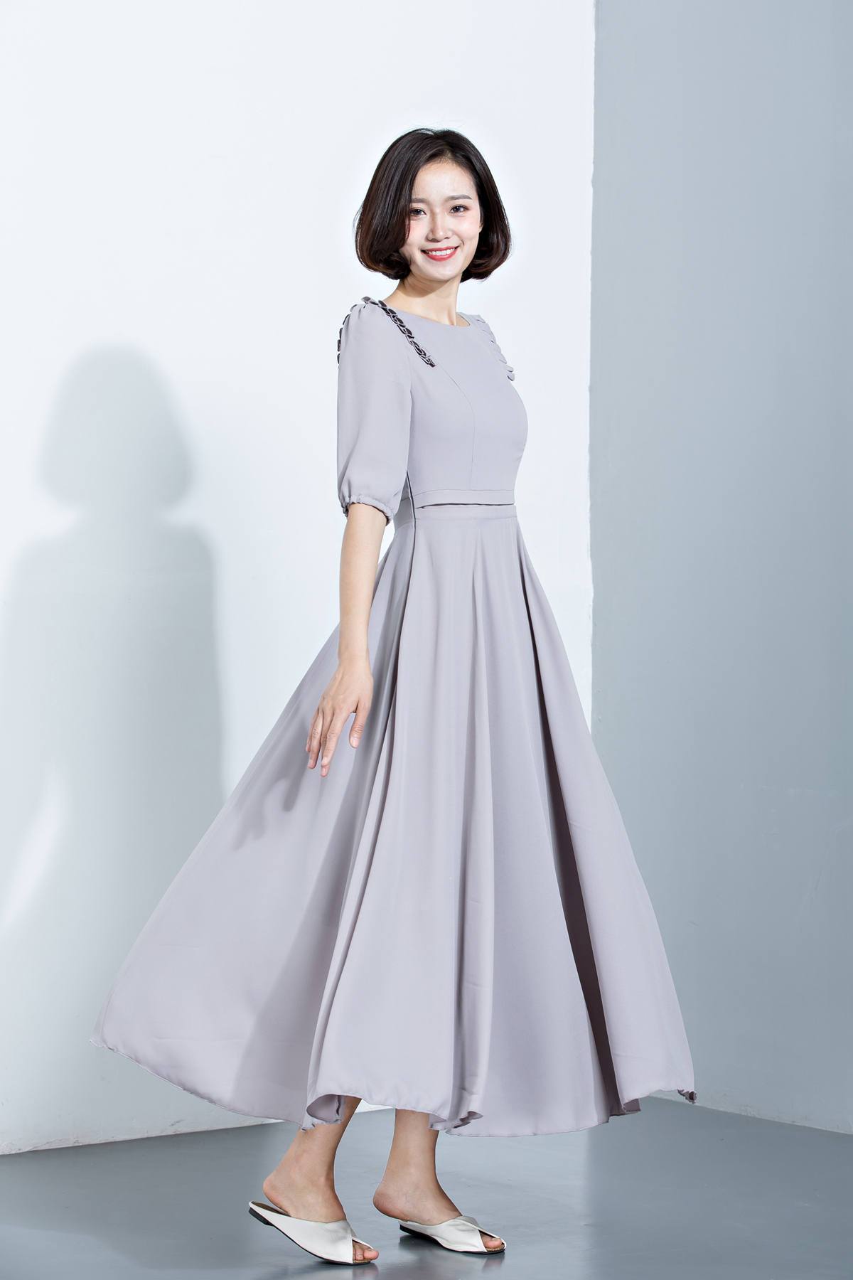 summer chiffon dress with mid sleeves and high waist C1137