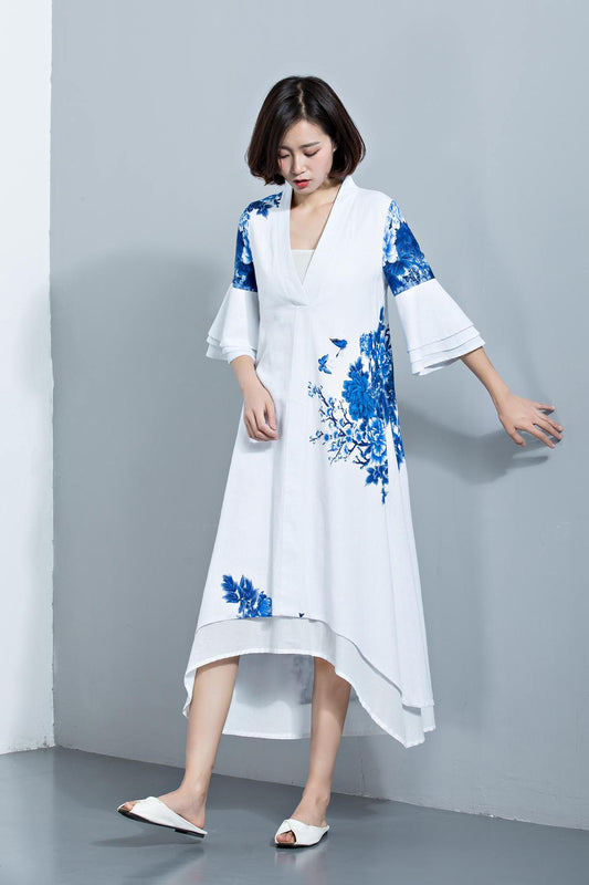 Linen dress, womens dresses, white dress, blue dress, flower dress, white maxi dress, causal dress, vintage dress, maxi dress C1133
