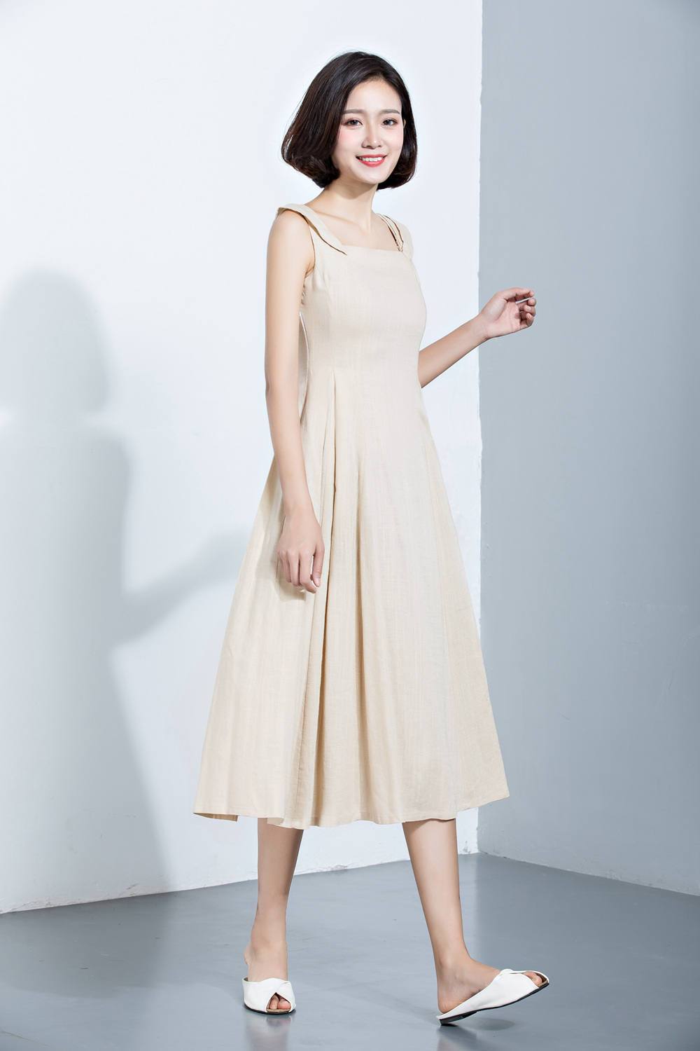 Beige Linen Dress, Suspender Dress, Overall Dress, Long Dress, Summer Dress, Women's Dress, midi dress, sleeveless dress C1140