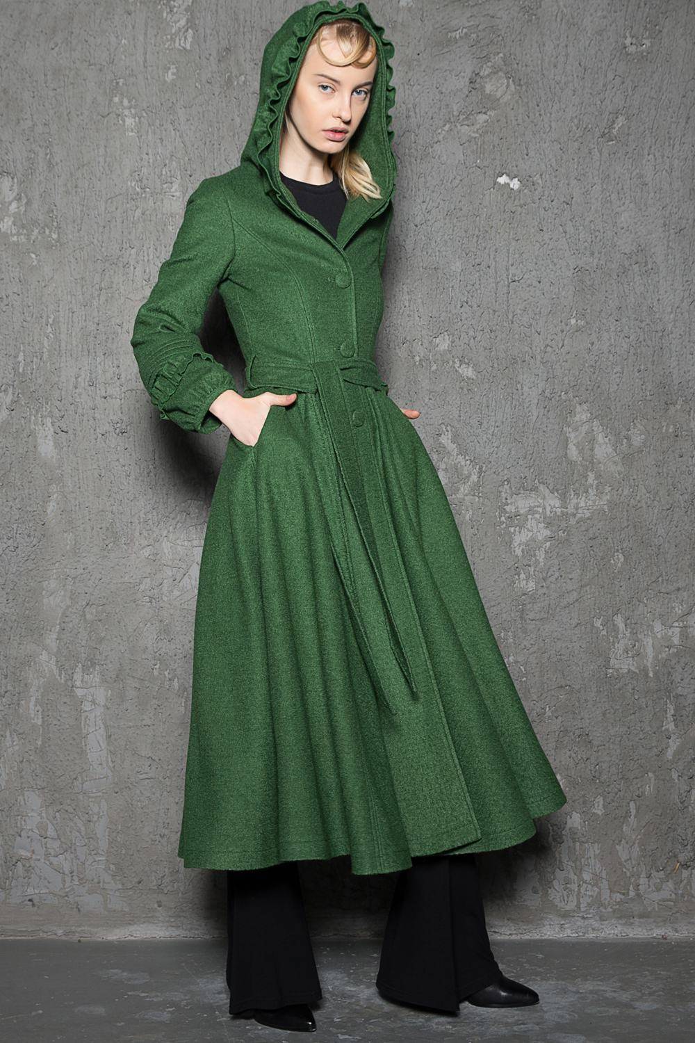 Maxi coat, wool coat, Green wool coat, emerald green coat, fit and flare coat, womens coats, hooded coat, ruffle coat, winter coat C785