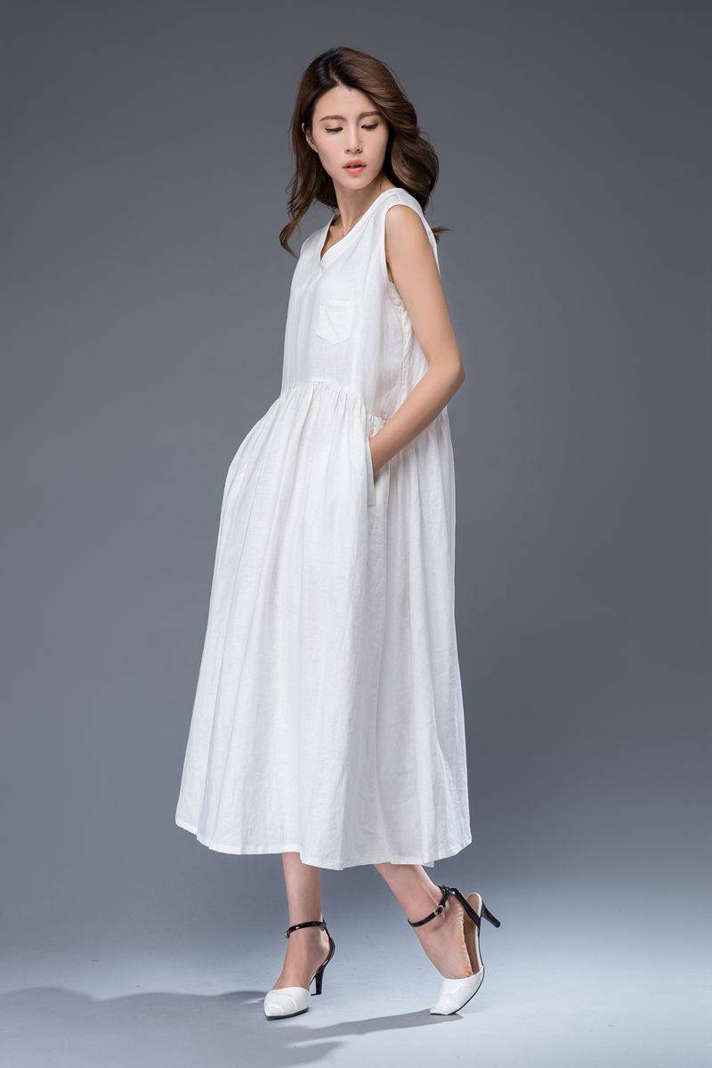 Sleeveless loose fit V neck maxi linen dress C487