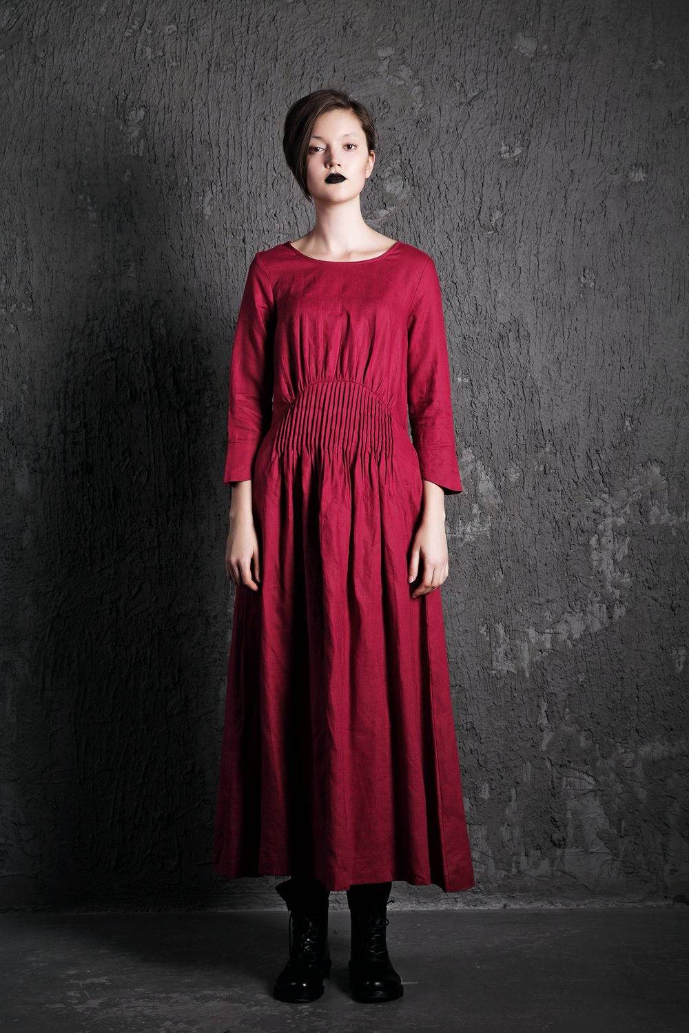 Red Linen Maxi Dress - Raspberry Fit & Flare with Pintuck Pleated Waist Summer Fall Fashion Womens Dress (C500)