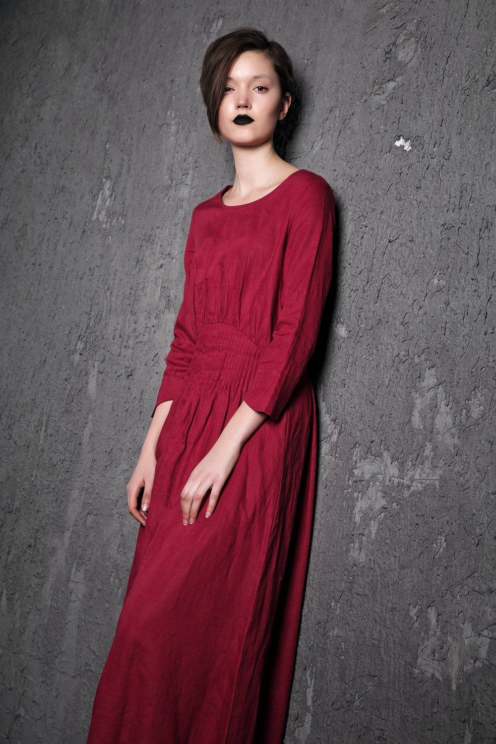 Red Linen Maxi Dress - Raspberry Fit & Flare with Pintuck Pleated Waist Summer Fall Fashion Womens Dress (C500)