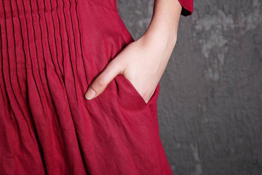 Red Linen Maxi Dress - Raspberry Fit & Flare with Pintuck Pleated Waist Summer Fall Fashion Womens Dress (C500)