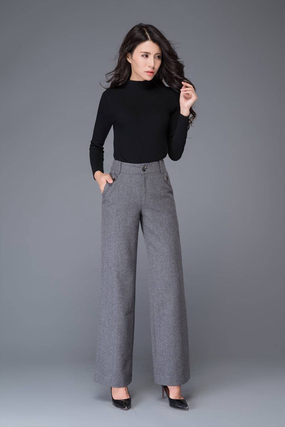 High waist wool pants in gray C1000