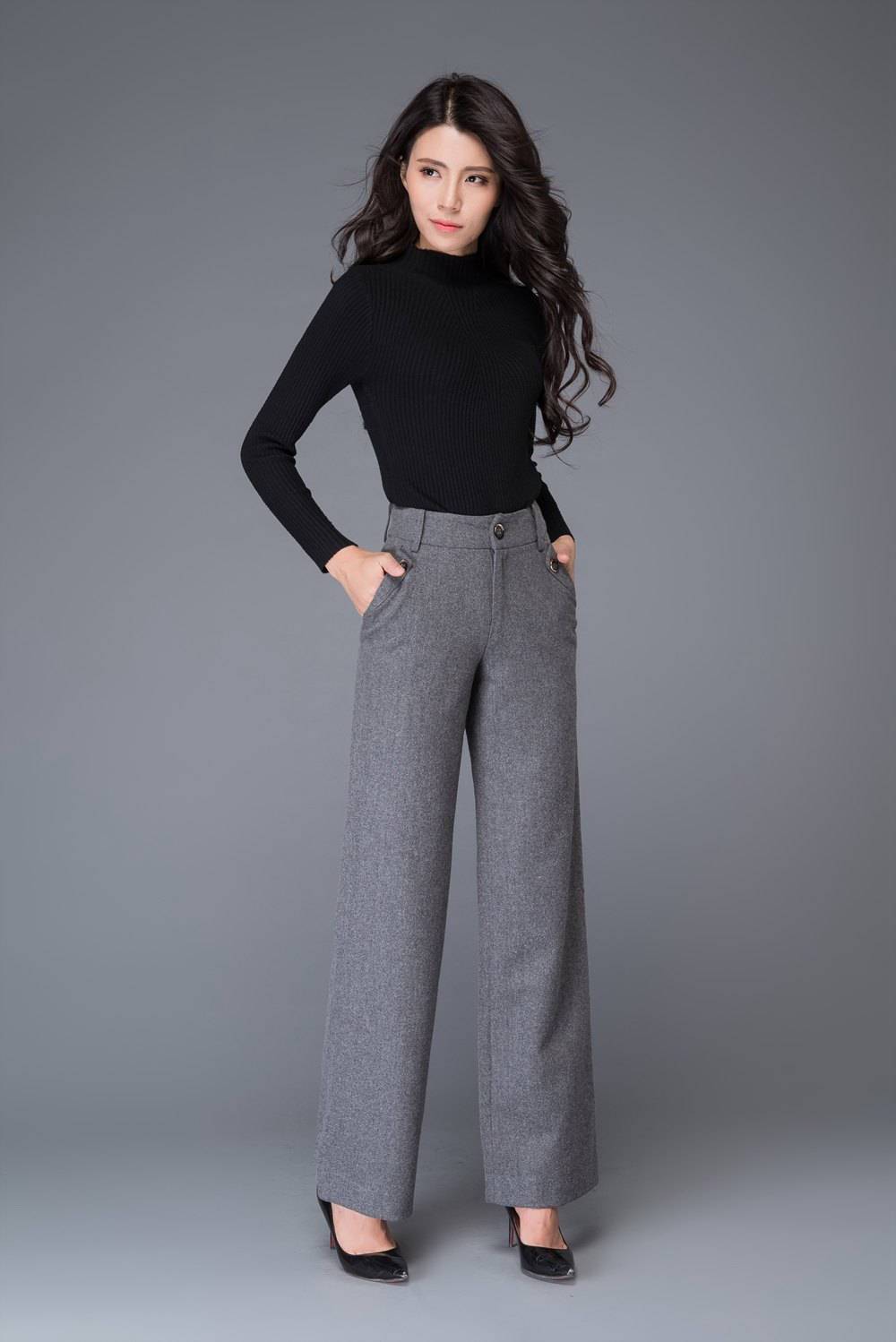 High waist wool pants in gray C1000