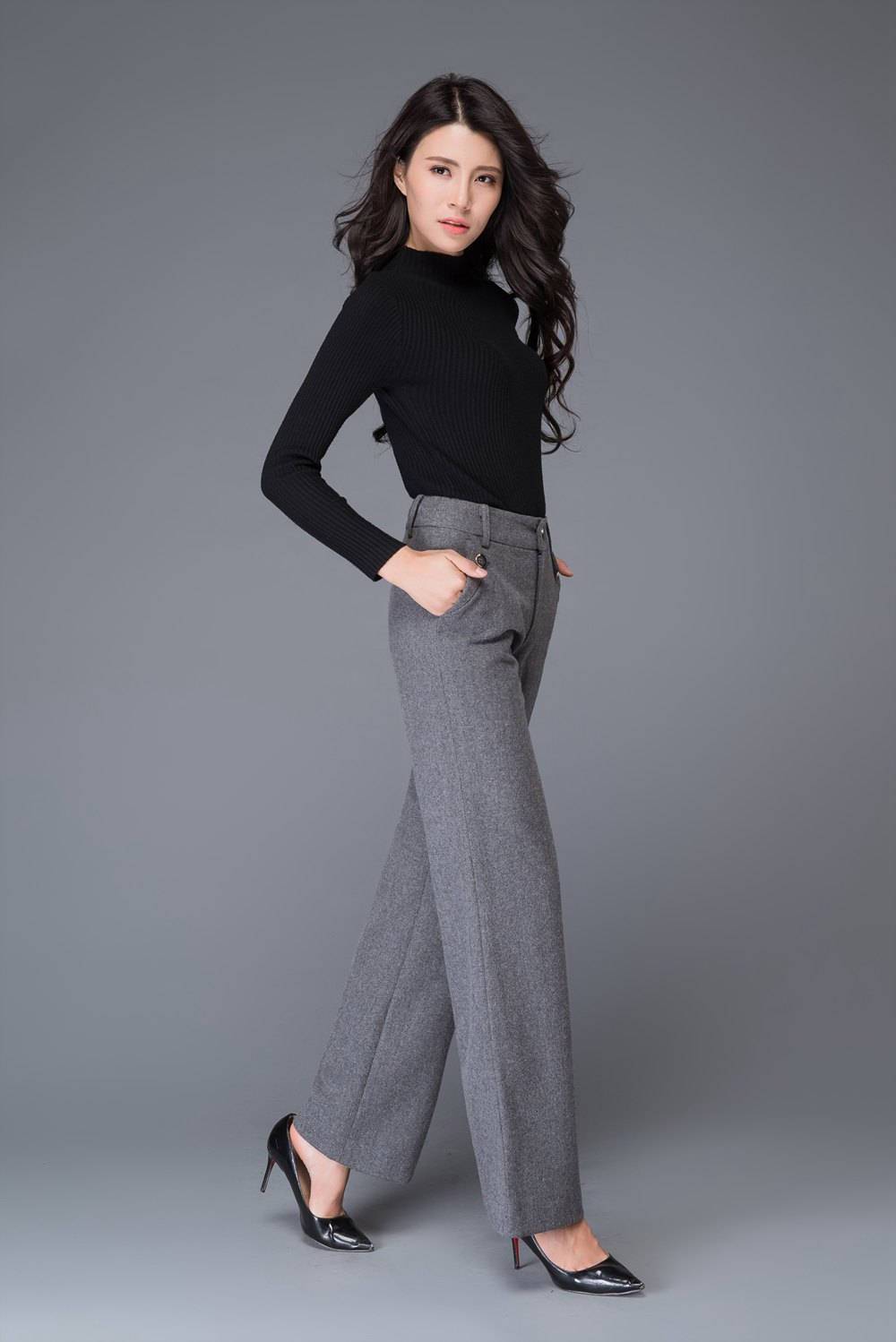 High waist wool pants in gray C1000
