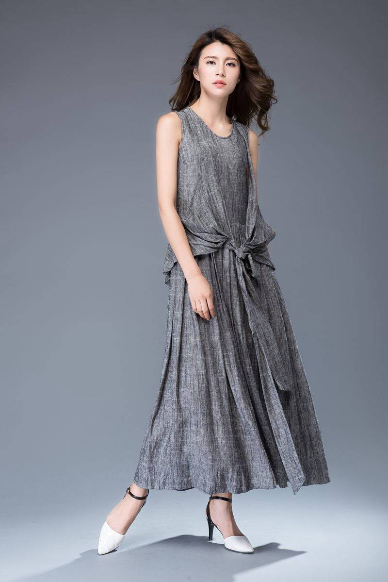 linen dress, gray dress, maxi dress, womens dresses, dress, long dress for women, sleeveless dress, linen dress woman, gray dressy tops C934