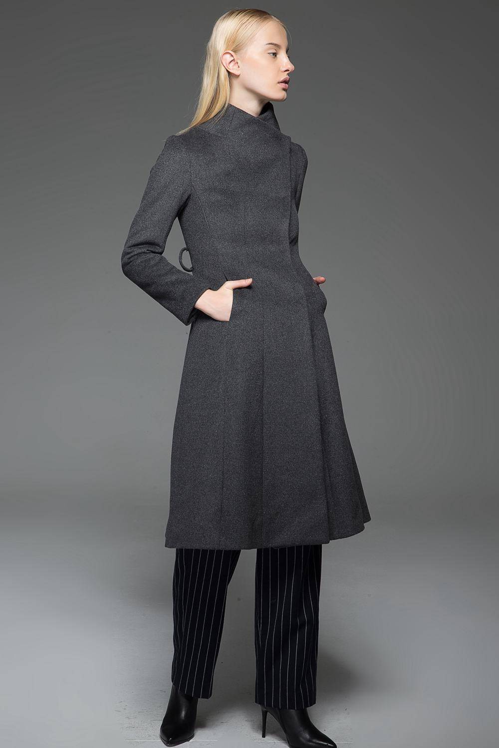 Gray Wool Coat with High Neck Collar, Pockets and Self-Tie Belt C758