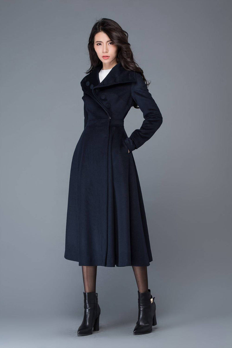 Long Navy Blue Wool Coat C1021#