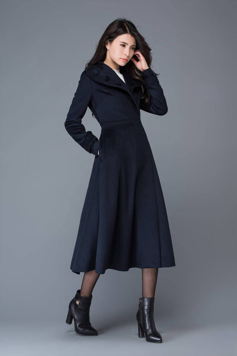 Long Navy Blue Wool Coat C1021#