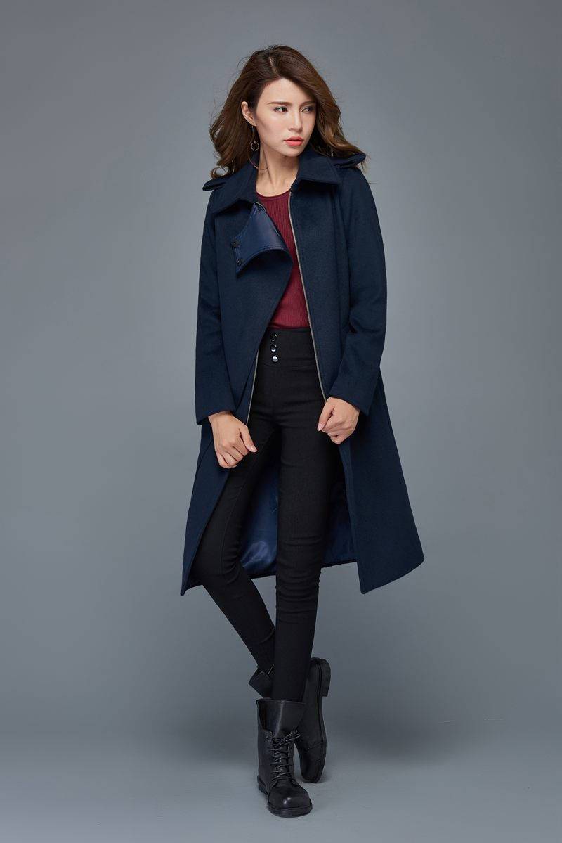 Winter coats for women, navy blue wool coat, mid length coat, unique coat, warm jacket, womens coats, zipper coat, custom jackets C973