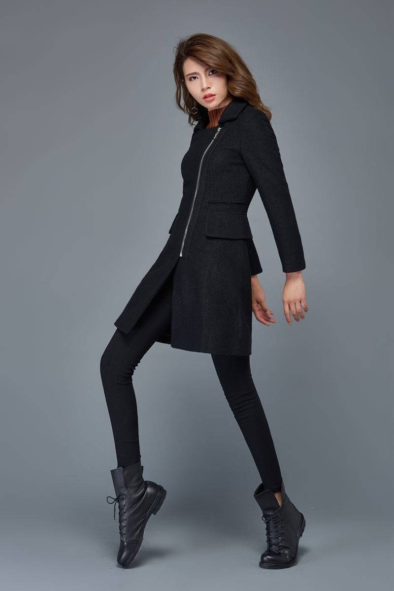 women's jackets, wool coat, winter coat, warm coat, black peacoat, asymmetrical coat, winter warm jacket, short jacket, zipper coat C981