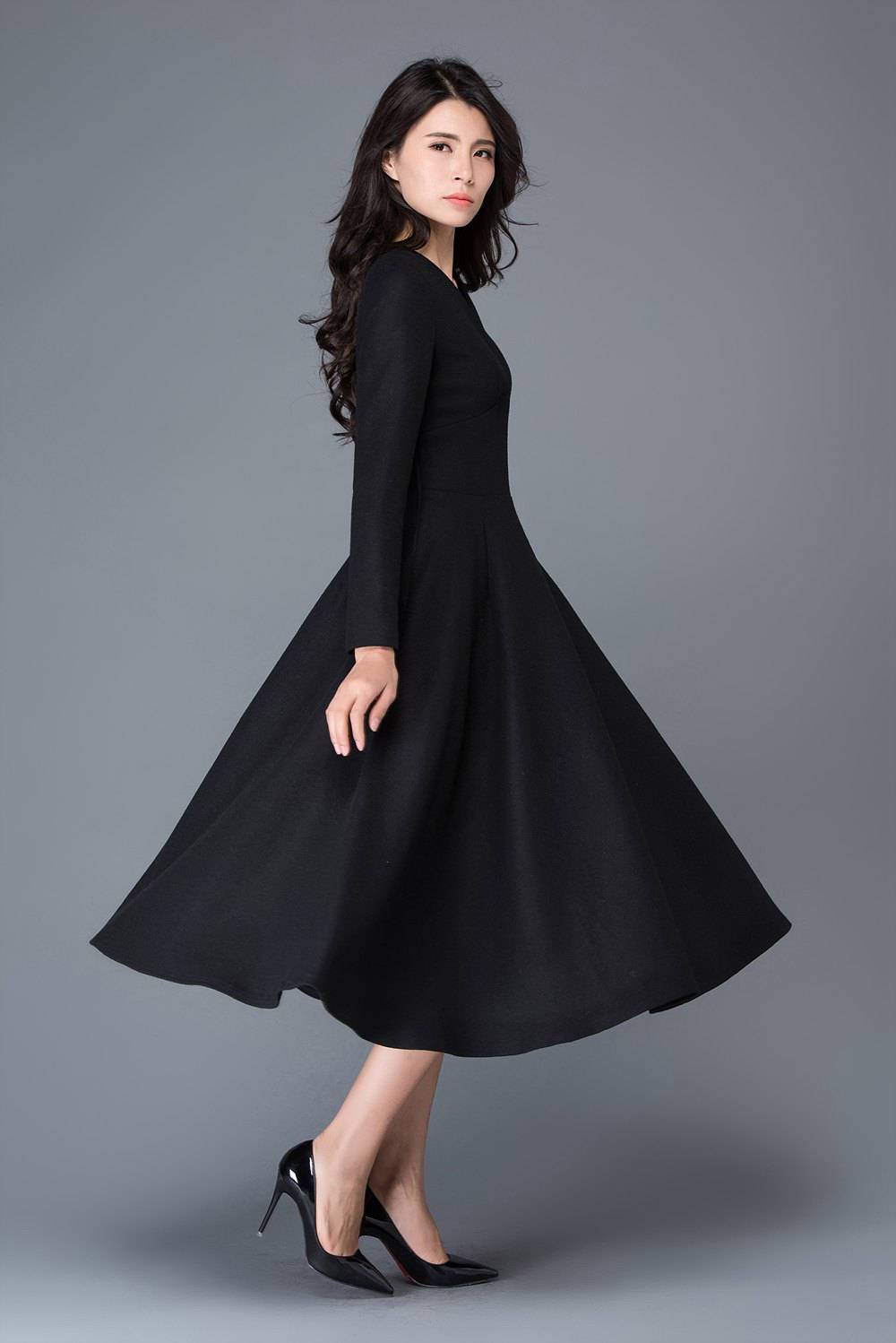 Wool dress, winter dress, black dress C1027