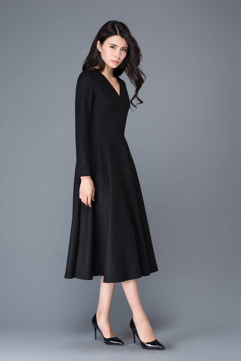 Wool dress, winter dress, black dress C1027