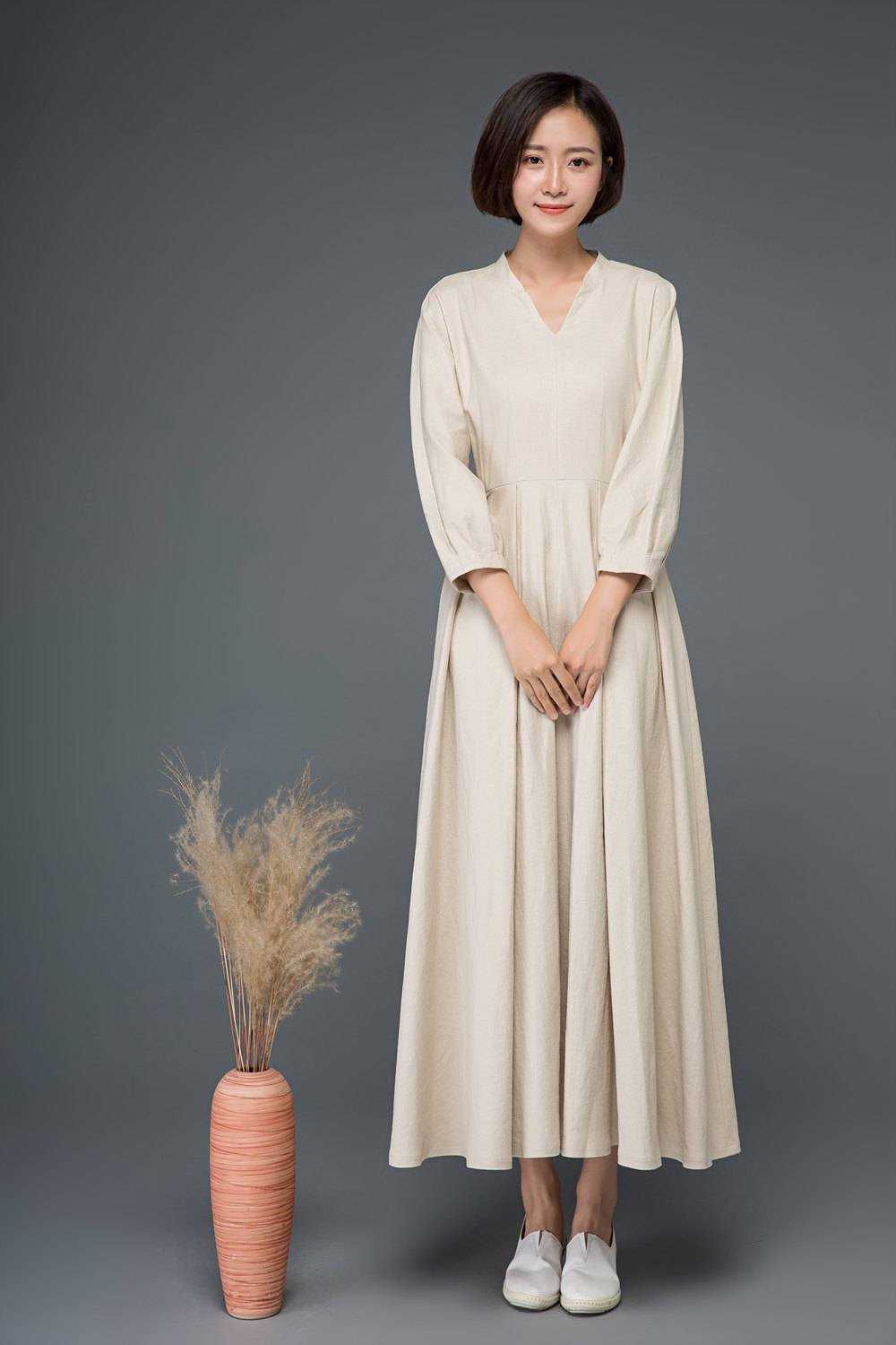 Beige linen dress, linen dress, women dress, Maxi dress, long linen dress, linen causal dress, pleated dress, plus size linen dress C1154