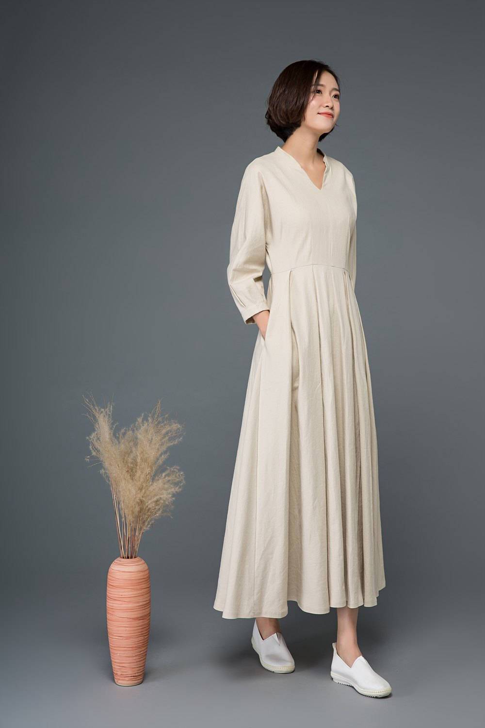 Beige linen dress, linen dress, women dress, Maxi dress, long linen dress, linen causal dress, pleated dress, plus size linen dress C1154
