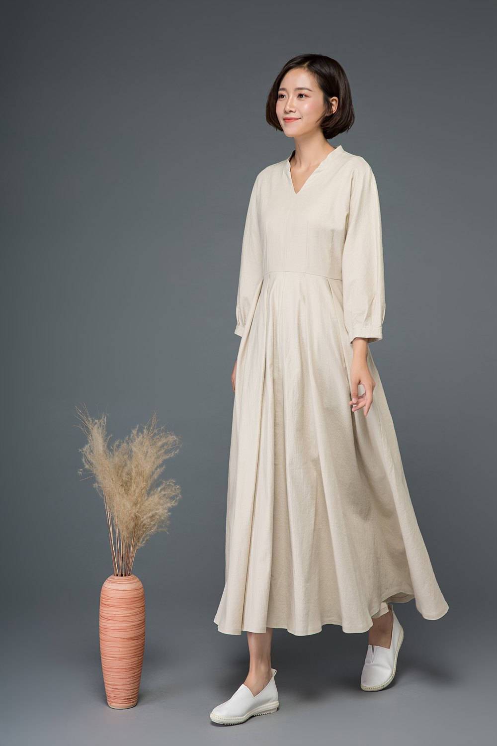Beige linen dress, linen dress, women dress, Maxi dress, long linen dress, linen causal dress, pleated dress, plus size linen dress C1154