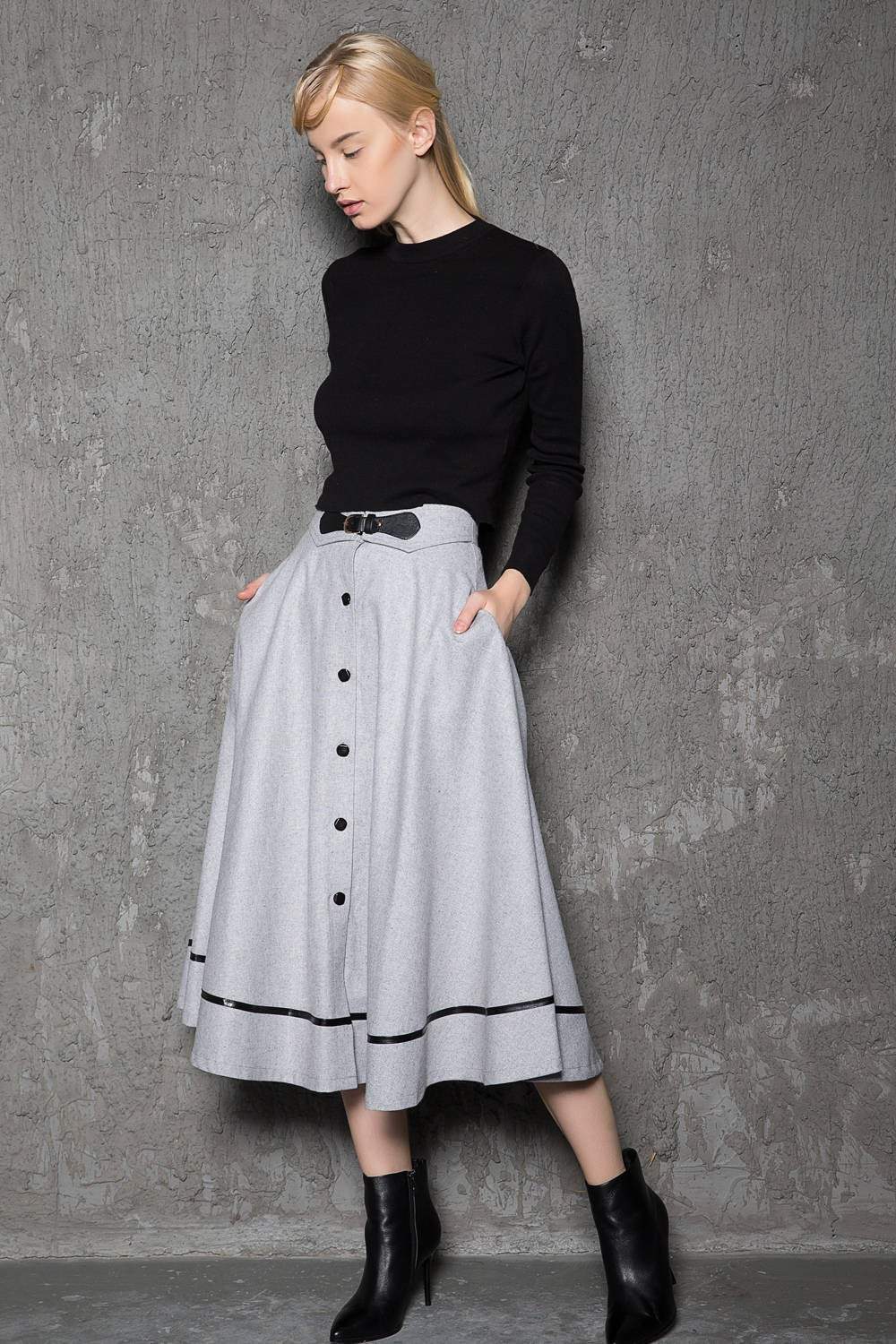 Pale gray wool skirt, maxi skirt, custom skirts, midi skirt, winter skirts, pleated skirt, flare skirt, womens skirts, button skirt C730