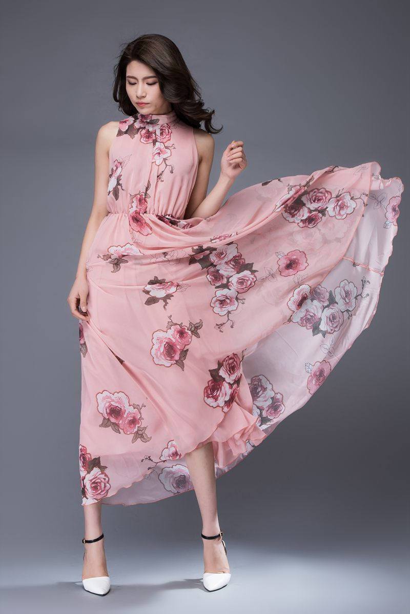 Pink print chiffon dress, bridesmaid chiffon dress, flower chiffon dress, romantic dress, womens dress, wedding dress, sleeveless dress C875
