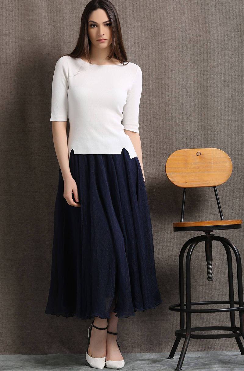 Party skirt, chiffon skirt, long skirt, navy blue skirt, womens skirts, elegant skirt, flare skirt, swing skirt, pleated skirt C428