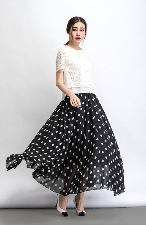Chiffon skirt, Polka dot skirt, maxi skirt, long polka dot skirt, summer skirt, long skirt, maxi chiffon skirt, women skirt black C481