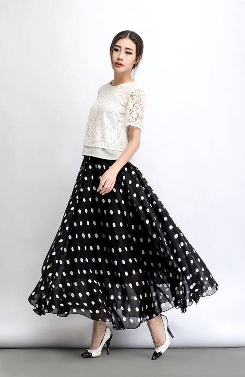 Chiffon skirt, Polka dot skirt, maxi skirt, long polka dot skirt, summer skirt, long skirt, maxi chiffon skirt, women skirt black C481