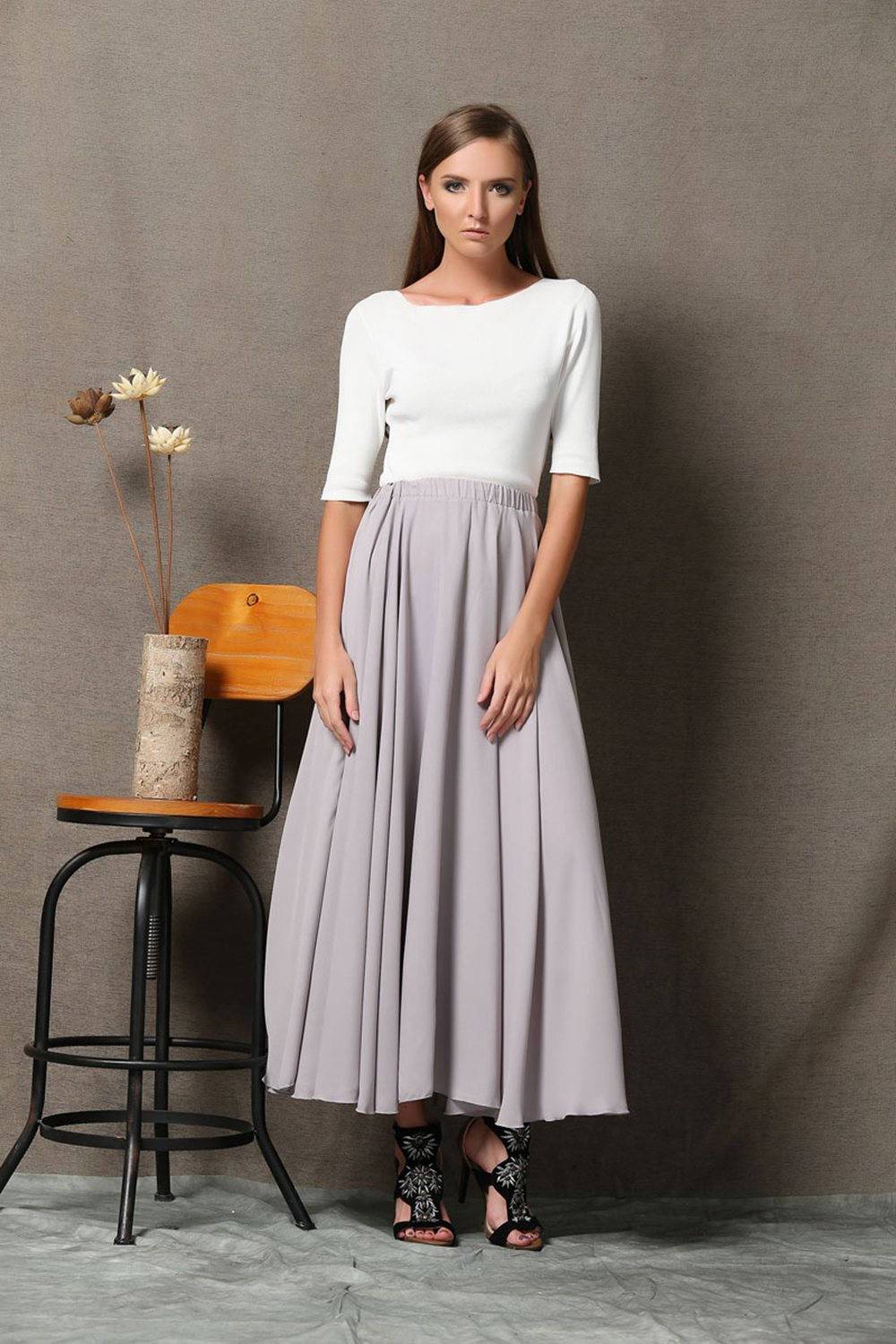 Chiffon skirt, gray chiffon maxi skirt, womens skirts, chiffon maxi skirt, long skirt, wedding skirt, gray chiffon skirt, summer skirt C572