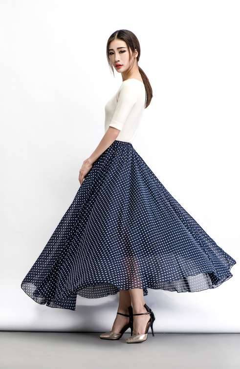 Chiffon skirt, polka dot maxi skirt, floaty skirt, long skirt, wedding skirt, summer skirt, navy blue skirt, sheer skirt, swing skirt C475