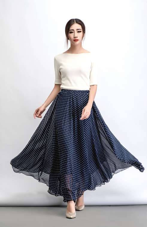 Chiffon skirt, polka dot maxi skirt, floaty skirt, long skirt, wedding skirt, summer skirt, navy blue skirt, sheer skirt, swing skirt C475