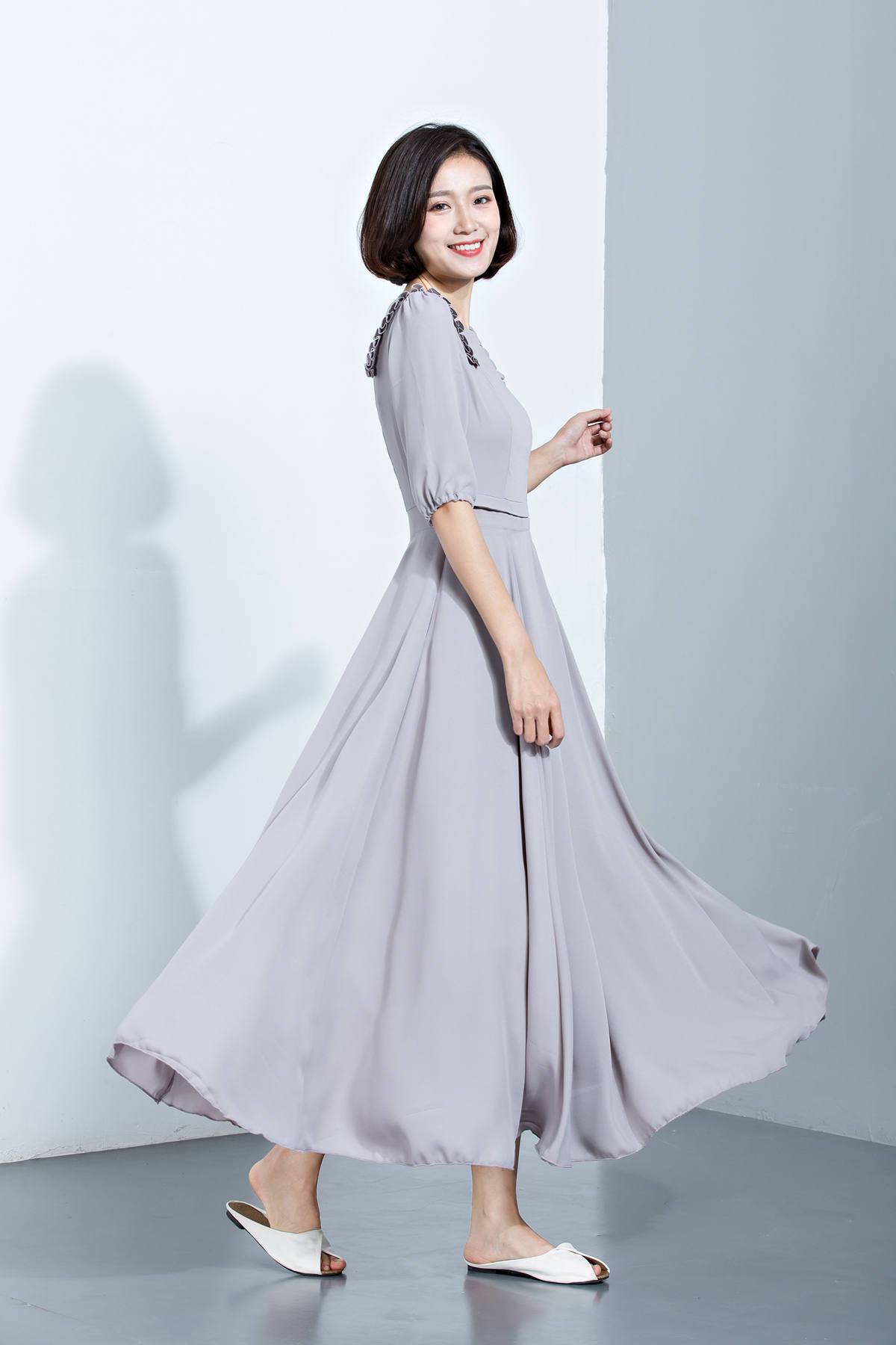 summer chiffon dress with mid sleeves and high waist C1137