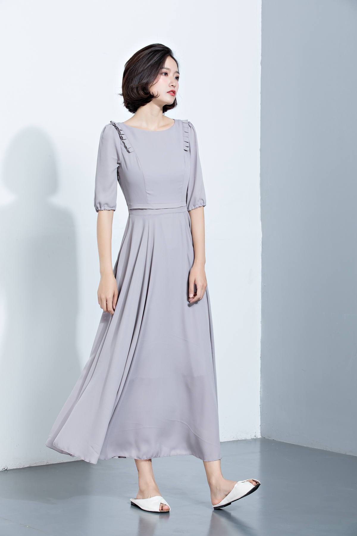 summer chiffon dress with mid sleeves and high waist C1137