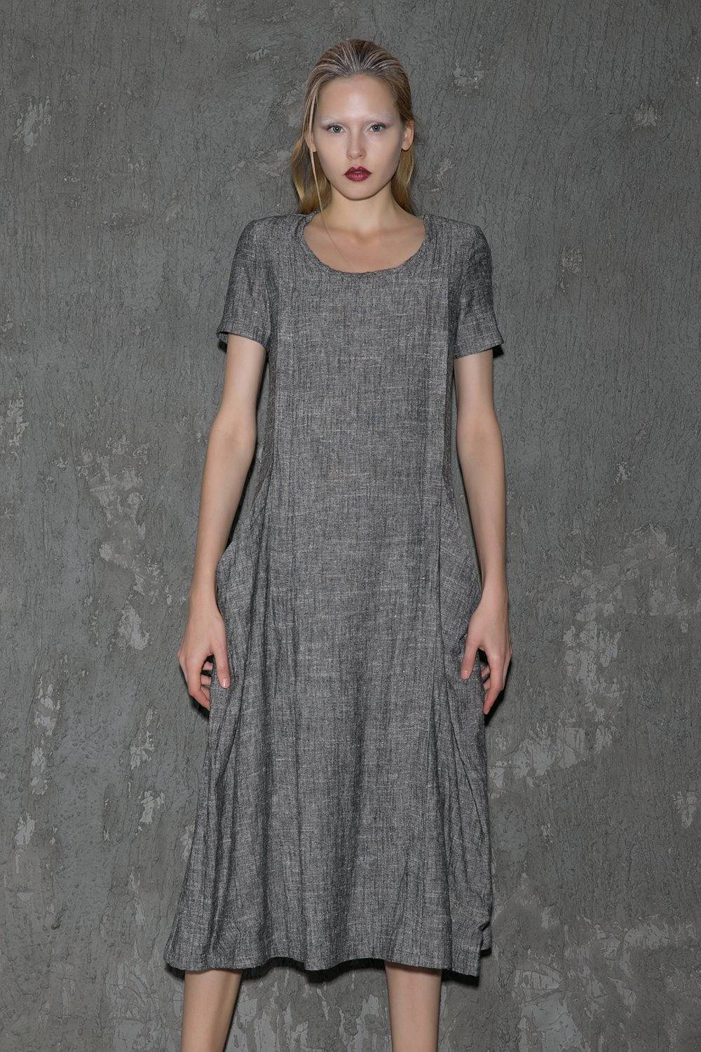Gray Linen Dress - Long Short-Sleeved Casual Loose-Fitting Handmade Designer Dress with Pockets C647