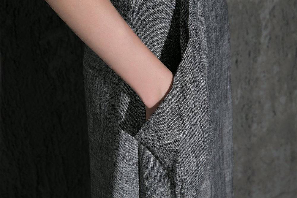 Gray Linen Dress - Long Short-Sleeved Casual Loose-Fitting Handmade Designer Dress with Pockets C647