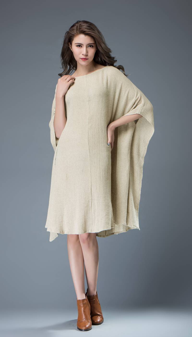 Linen tunic top, beige dress, beach cover up, batwing sleeves dress, knee length dress, maxi linen dress, plus size dress, loose dress C817