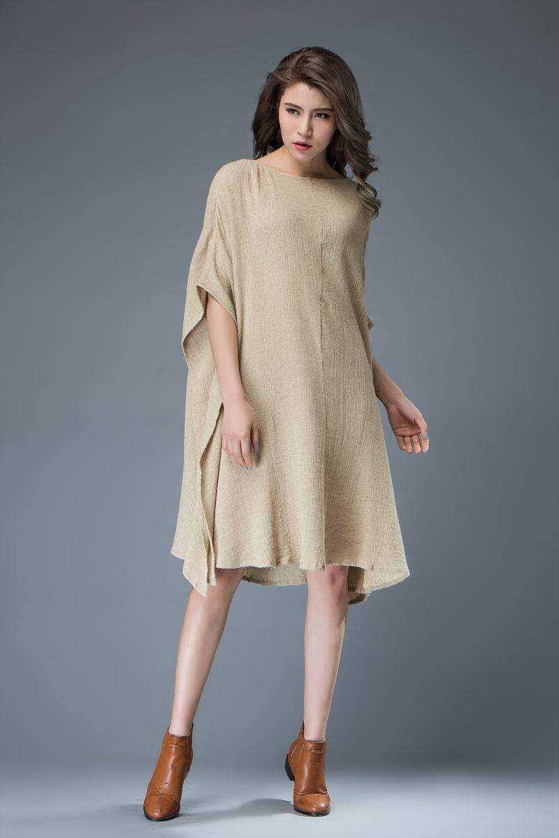Linen tunic top, beige dress, beach cover up, batwing sleeves dress, knee length dress, maxi linen dress, plus size dress, loose dress C817
