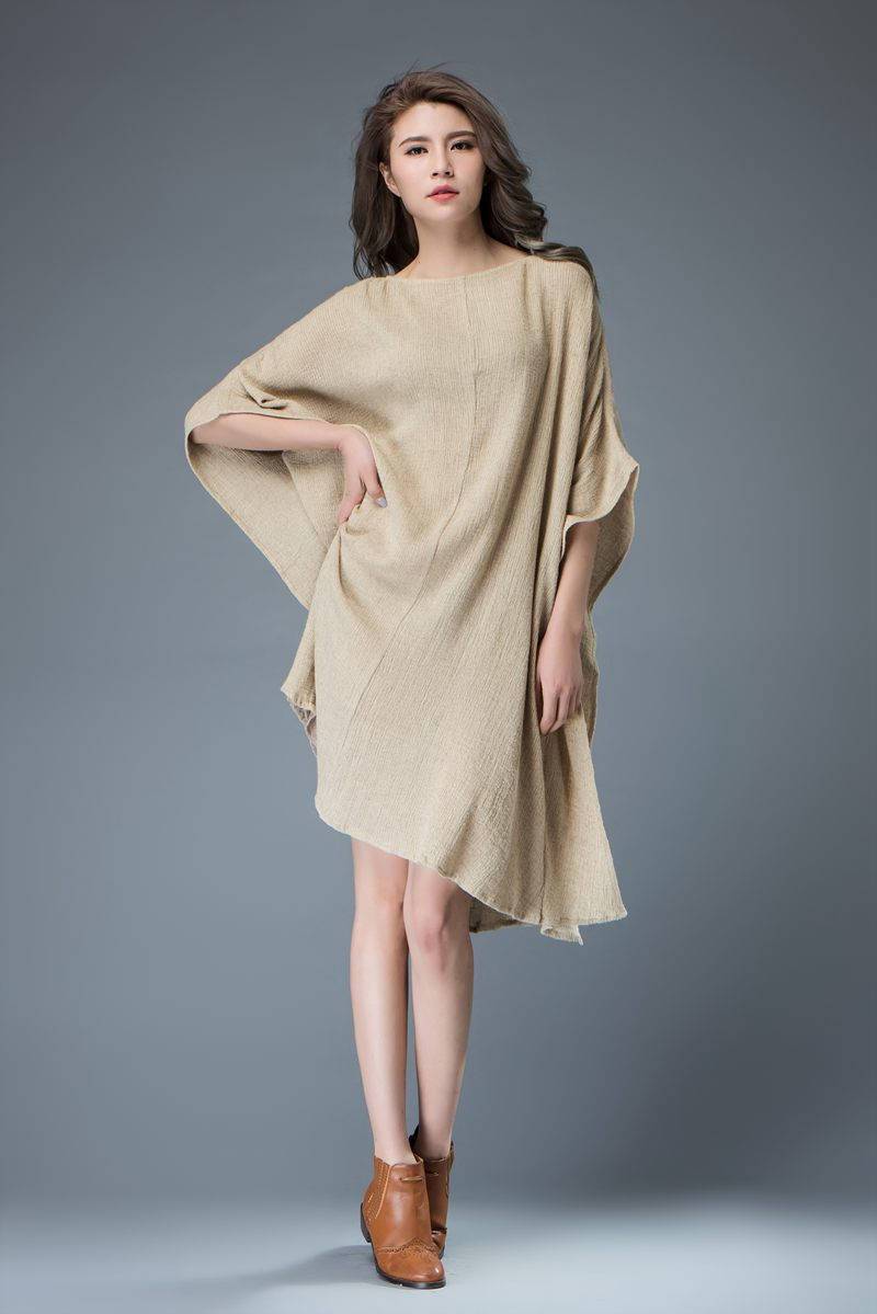 Linen tunic top, beige dress, beach cover up, batwing sleeves dress, knee length dress, maxi linen dress, plus size dress, loose dress C817