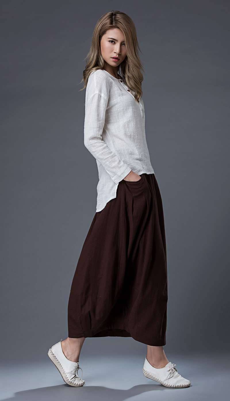 Linen crop top, linen top, white linen top, long sleeve top, white linen blouse, summer top, pocket top with long sleeves, loose top C859