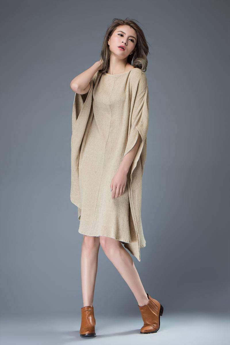 Linen tunic top, beige dress, beach cover up, batwing sleeves dress, knee length dress, maxi linen dress, plus size dress, loose dress C817