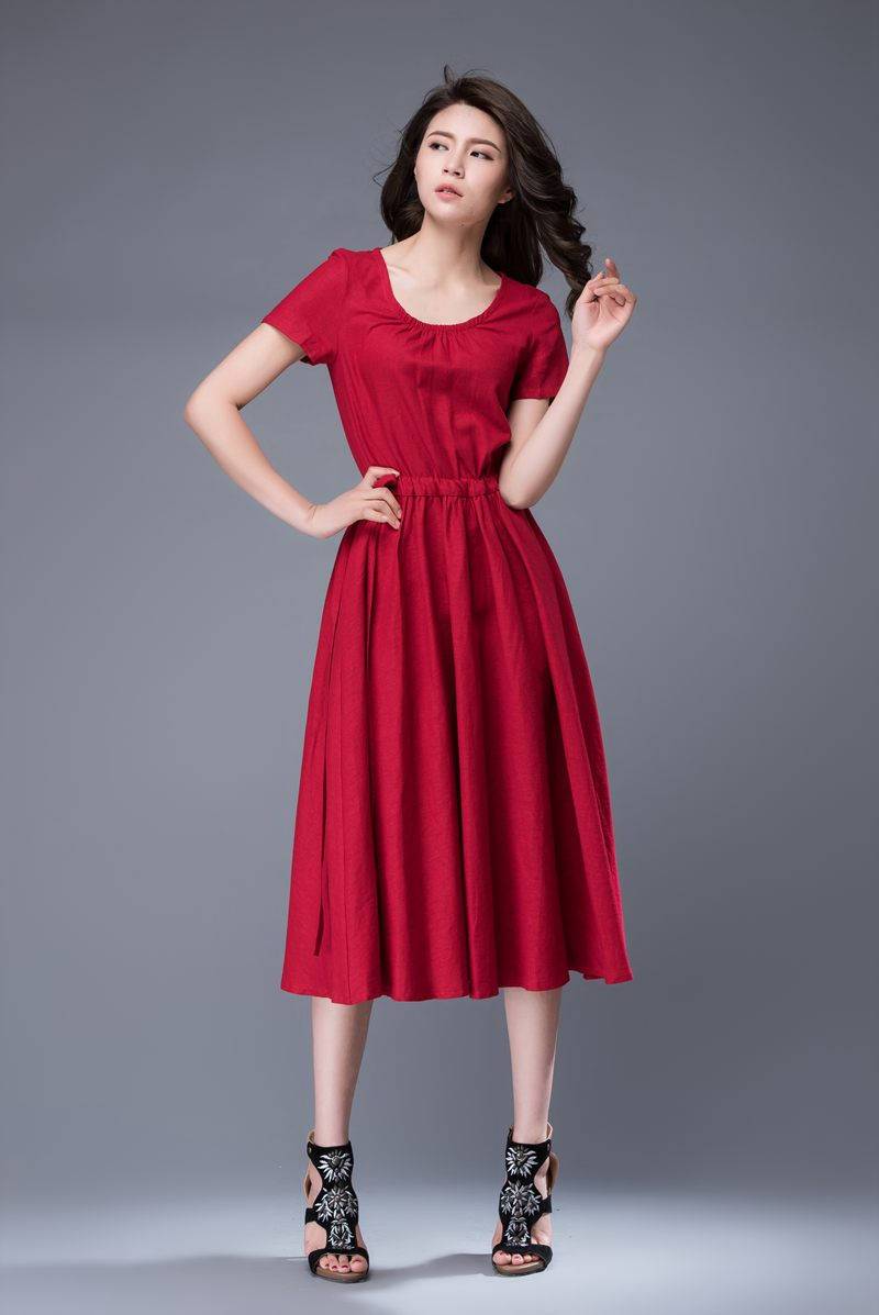 Red dress, scoop neck dress, linen dress, midi dress, drawstring dress, everyday dress, elegant dress, summer dress, pleated dress C887