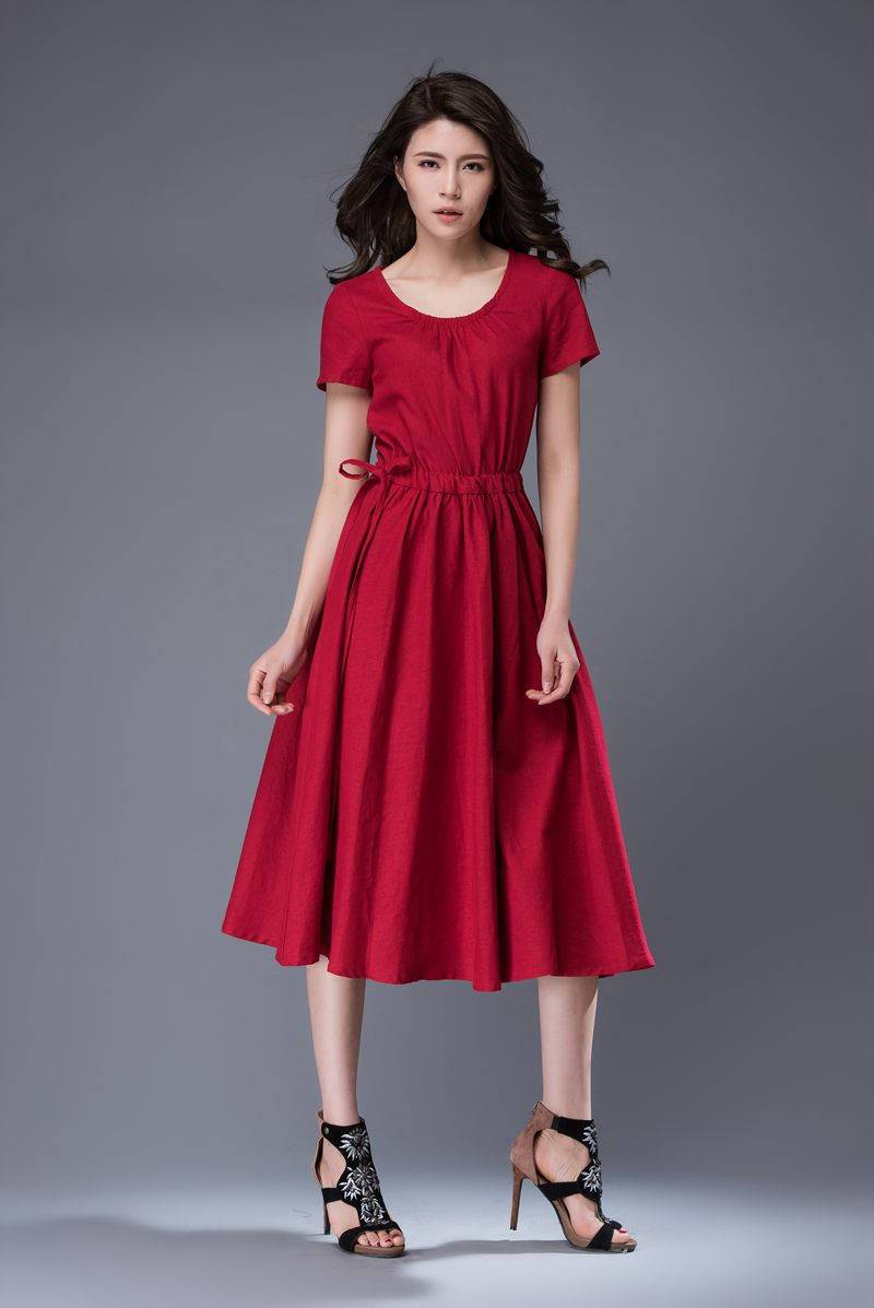 Red dress, scoop neck dress, linen dress, midi dress, drawstring dress, everyday dress, elegant dress, summer dress, pleated dress C887